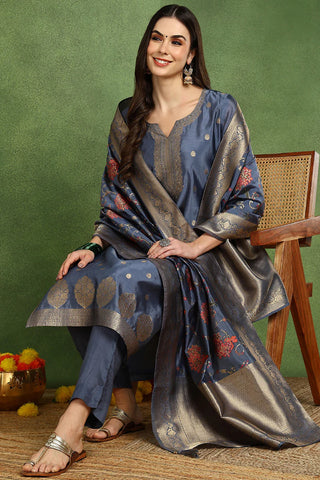 Blue Chanderi Woven Designed Suit Set with Dupatta