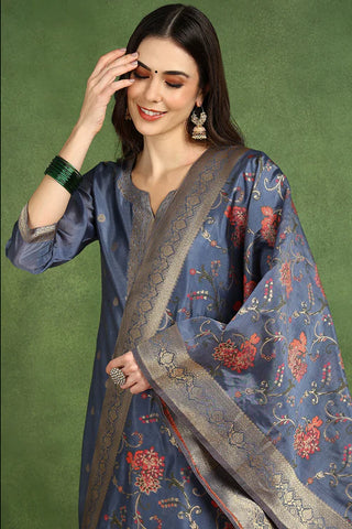 Blue Chanderi Woven Designed Suit Set with Dupatta