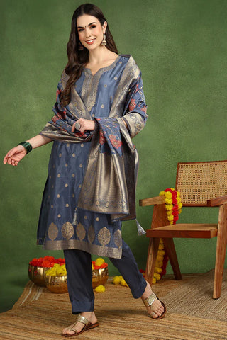 Blue Chanderi Woven Designed Suit Set with Dupatta