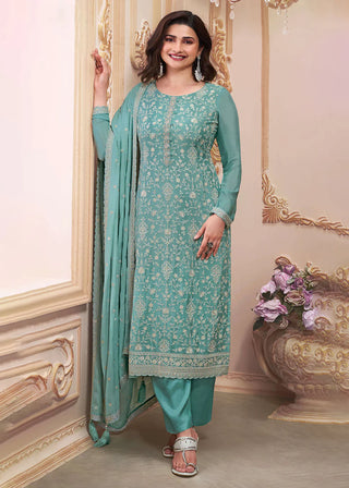 Blue Chinon Silk Embroidered Suit Set with Dupatta