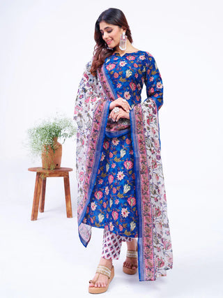 Blue Cotton Blend Floral Print Suit Set with Dupatta