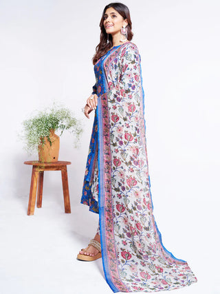 Blue Cotton Blend Floral Print Suit Set with Dupatta