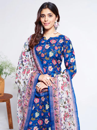 Blue Cotton Blend Floral Print Suit Set with Dupatta