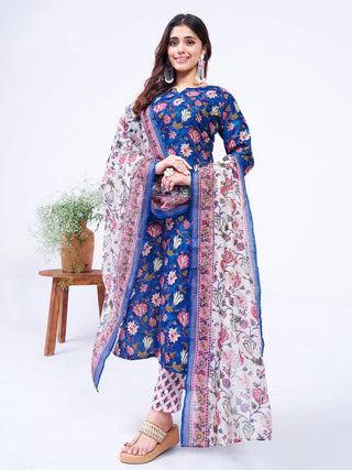 Blue Cotton Blend Floral Print Suit Set with Dupatta