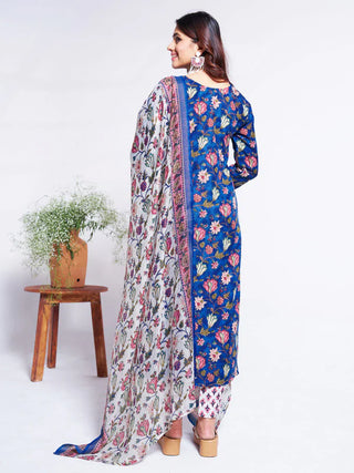 Blue Cotton Blend Floral Print Suit Set with Dupatta