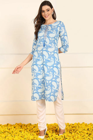 Blue Cotton Paisley Print Straight Shape Kurta