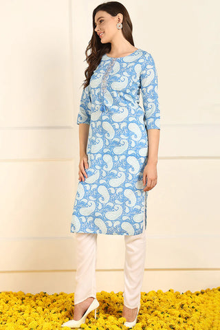 Blue Cotton Paisley Print Straight Shape Kurta