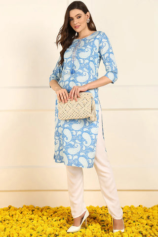 Blue Cotton Paisley Print Straight Shape Kurta