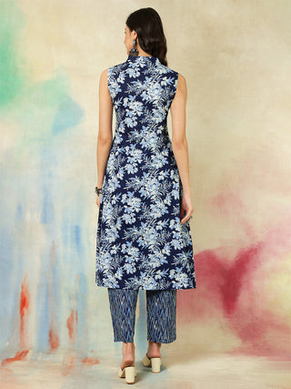 Blue Pure Cotton Sleeveless Floral Print Kurta Bottom Set