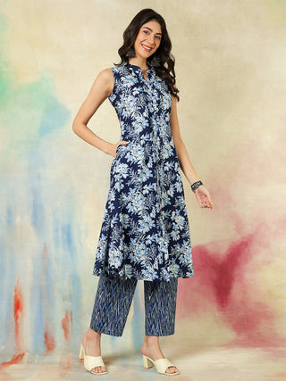 Blue Pure Cotton Sleeveless Floral Print Kurta Bottom Set