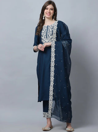 Teal Blue Pure Silk Embroidered Straight Shape Suit Set with Chanderi Cotton Dupatta