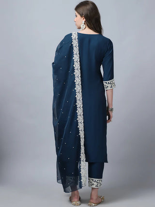 Teal Blue Pure Silk Embroidered Straight Shape Suit Set with Chanderi Cotton Dupatta