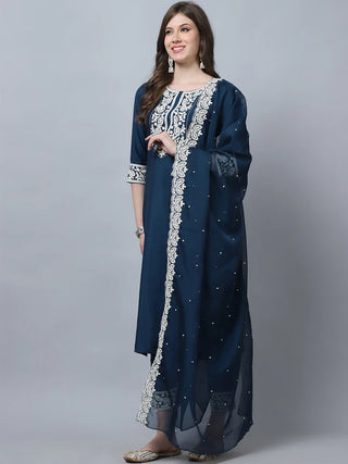 Teal Blue Pure Silk Embroidered Straight Shape Suit Set with Chanderi Cotton Dupatta