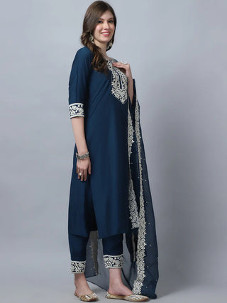 Teal Blue Pure Silk Embroidered Straight Shape Suit Set with Chanderi Cotton Dupatta