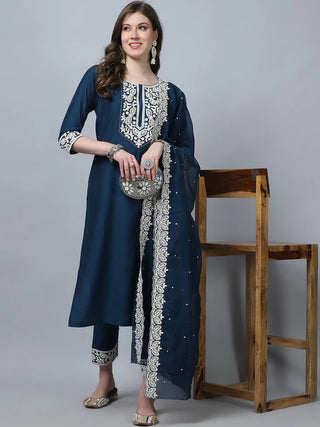 Teal Blue Pure Silk Embroidered Straight Shape Suit Set with Chanderi Cotton Dupatta