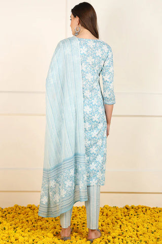 Blue Cotton Floral Print Straight Shape Suit Set with Dupatta