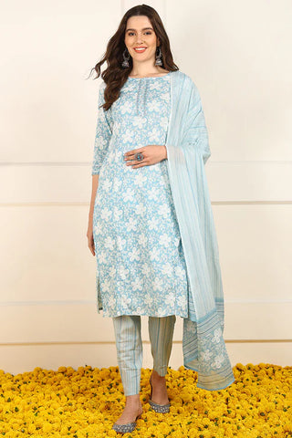 Blue Cotton Floral Print Straight Shape Suit Set with Dupatta