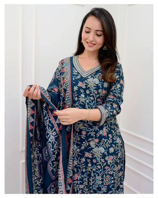 Blue Viscose Floral Print Straight Shape Suit Set with Chanderi Cotton Dupatta