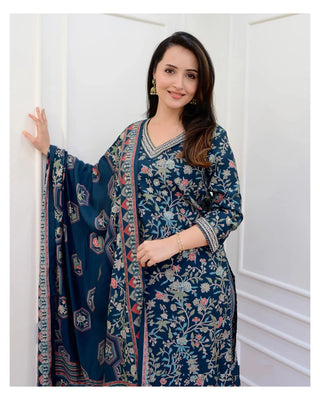 Blue Viscose Floral Print Straight Shape Suit Set with Chanderi Cotton Dupatta