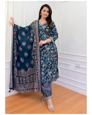 Blue Viscose Floral Print Straight Shape Suit Set with Chanderi Cotton Dupatta