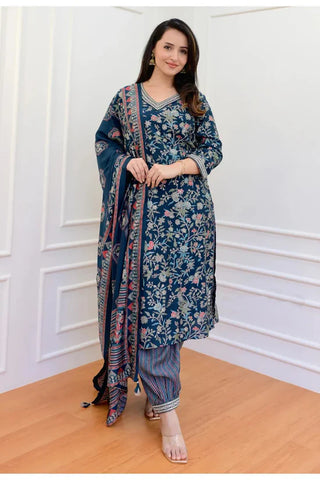 Blue Viscose Floral Print Straight Shape Suit Set with Chanderi Cotton Dupatta