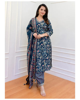 Blue Viscose Floral Print Straight Shape Suit Set with Chanderi Cotton Dupatta