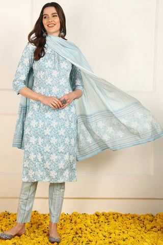 Blue Cotton Floral Print Straight Shape Suit Set with Dupatta