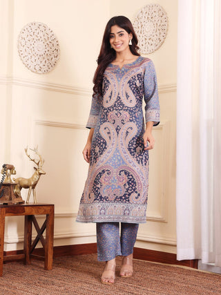 Blue Wool Blend Paisley Print Suit Set with Wool Dupatta