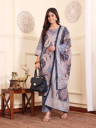 Blue Wool Blend Paisley Print Suit Set with Wool Dupatta