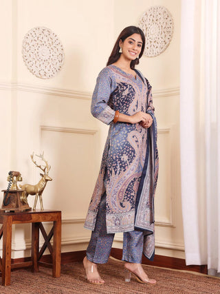 Blue Wool Blend Paisley Print Suit Set with Wool Dupatta