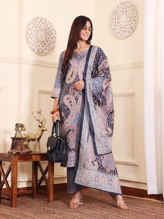 Blue Wool Blend Paisley Print Suit Set with Wool Dupatta