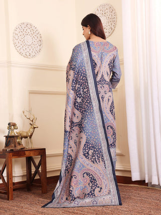 Blue Wool Blend Paisley Print Suit Set with Wool Dupatta