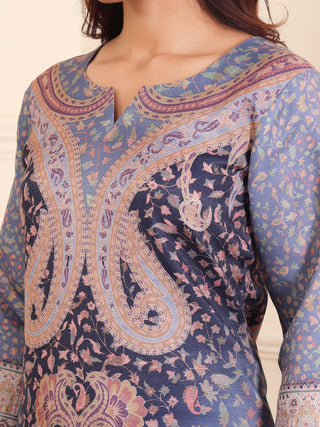 Blue Wool Blend Paisley Print Suit Set with Wool Dupatta