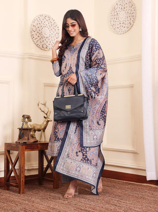 Blue Wool Blend Paisley Print Suit Set with Wool Dupatta