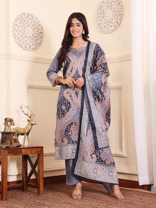 Blue Wool Blend Paisley Print Suit Set with Wool Dupatta