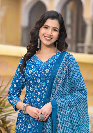 Blue Viscose Printed Suit Set with Chanderi Cotton Dupatta