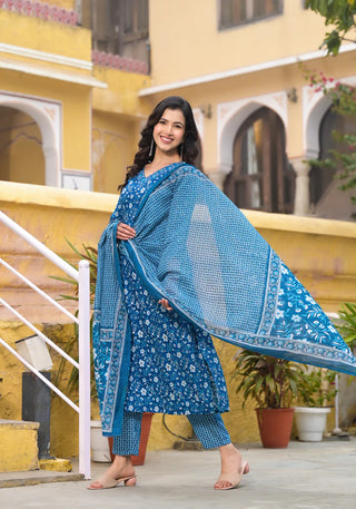 Blue Viscose Printed Suit Set with Chanderi Cotton Dupatta