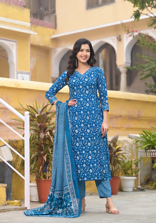 Blue Viscose Printed Suit Set with Chanderi Cotton Dupatta