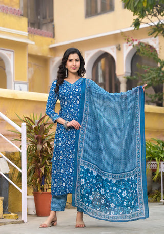 Blue Viscose Printed Suit Set with Chanderi Cotton Dupatta