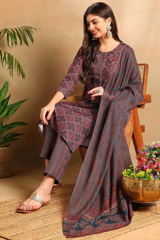 Blue Rayon Blend Ethnic Motif Print Straight Shape Kurta with Cotton Blend Bottom & Dupatta