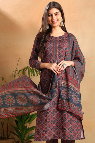 Blue Rayon Blend Ethnic Motif Print Straight Shape Kurta with Cotton Blend Bottom & Dupatta