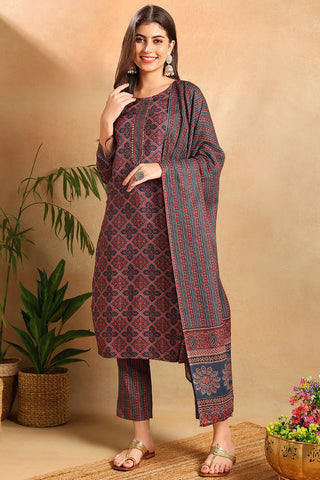 Blue Rayon Blend Ethnic Motif Print Straight Shape Kurta with Cotton Blend Bottom & Dupatta