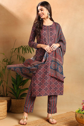 Blue Rayon Blend Ethnic Motif Print Straight Shape Kurta with Cotton Blend Bottom & Dupatta