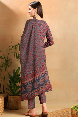 Blue Rayon Blend Ethnic Motif Print Straight Shape Kurta with Cotton Blend Bottom & Dupatta