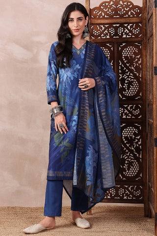 Blue Rayon Blend Ethnic Motif Printed Straight Shape Suit Set with Dupatta