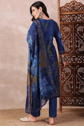 Blue Rayon Blend Ethnic Motif Printed Straight Shape Suit Set with Dupatta