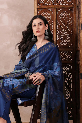 Blue Rayon Blend Ethnic Motif Printed Straight Shape Suit Set with Dupatta