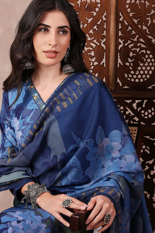 Blue Rayon Blend Ethnic Motif Printed Straight Shape Suit Set with Dupatta