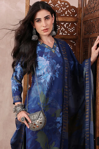 Blue Rayon Blend Ethnic Motif Printed Straight Shape Suit Set with Dupatta