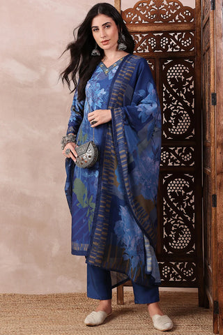 Blue Rayon Blend Ethnic Motif Printed Straight Shape Suit Set with Dupatta